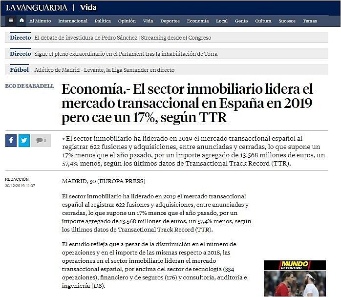 El sector inmobiliario lidera el mercado transaccional en Espaa en 2019 pero cae un 17%, segn TTR